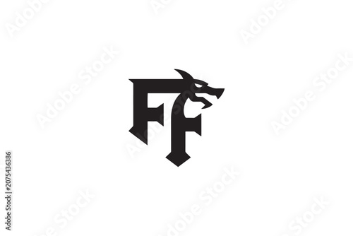 Fantasy dragon logo ff monogram emblem fiery creature design symbol
