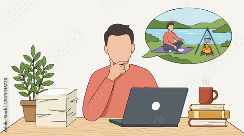 Canvastavla Man at desk thinking of outdoor relaxation and nature camping