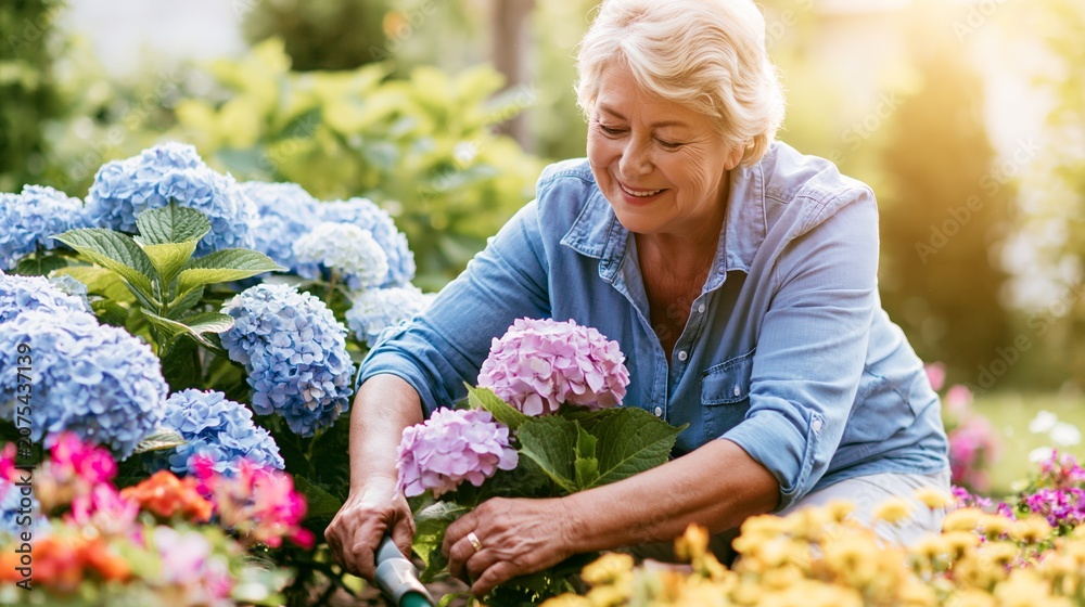 Fototapeta premium Senior woman smiling, gardening in outdoor garden, tending colorful blooming hydrangeas, enjoying nature and leisure