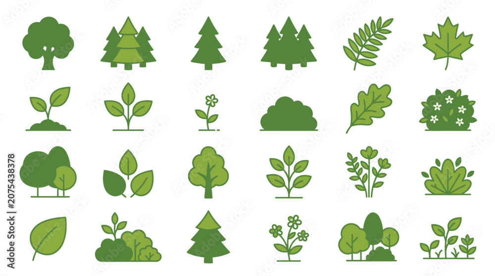 Fototapeta premium Collection of green plant and tree icons.