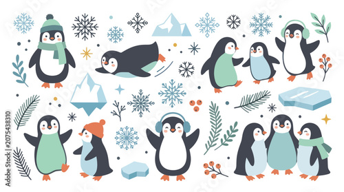 Fotografie Cartoon penguins in various winter activities and patterns.