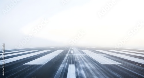 Empty airport runway fading into dense white fog