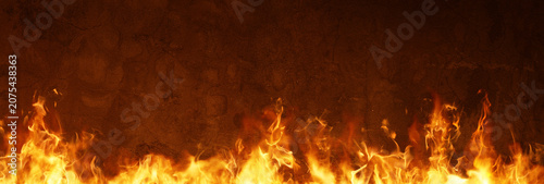 Canvastavla 3D Rendering of blazing horizontal fire in front of concrete wall