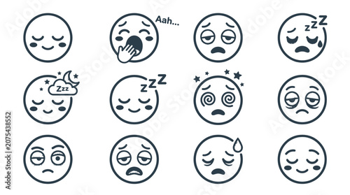 Tableau sur toile Collection of sleepy and tired circular emoji line icons.