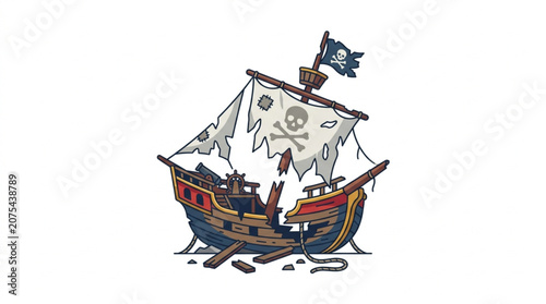 Canvas Print Tattered Pirate Ship Illustration with Jolly Roger Flag.