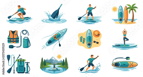 Tableau sur toile Collection of Stand Up Paddleboarding and Water Sports Illustrations