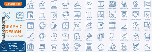 Graphic design web icons set in duo ton outline stroke design. Pack pictograms with Colo palette, content, freelance, print, painting, brainstorm, portfolio, creative idea, tool. Vector illustration.