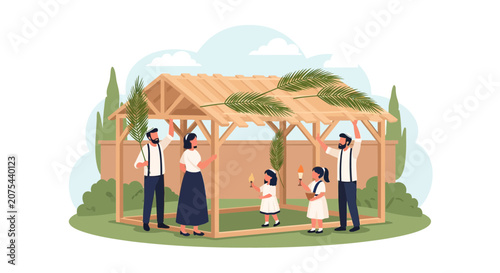 A Jewish Family Celebrates Sukkot Together, Building and Decorating Their Sukkah Outdoors
