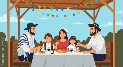 A joyful family enjoying a festive meal together outdoors under decorations and a sukkah roof.