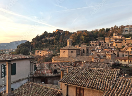 Scenic view at sunset of the roofs of the characteristic village of Subiaco in Lazio