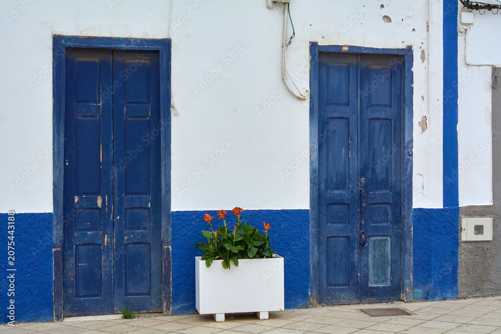 Fototapeta premium Two weathered dark blue wooden doors stand symmetrically on a white and blue painted facade with a central flower planter in Agaete, Gran Canaria.