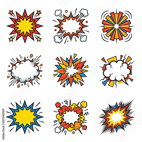 Collection of comic book style explosion and speech bubble graphics.