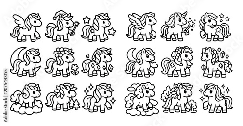 Fantasy and magical vector icons with unicorn, fairy and stars for children book design in outline style