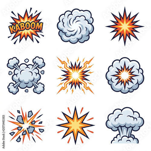Collection of Pixel Art Explosions and Comic Book Style Effects.