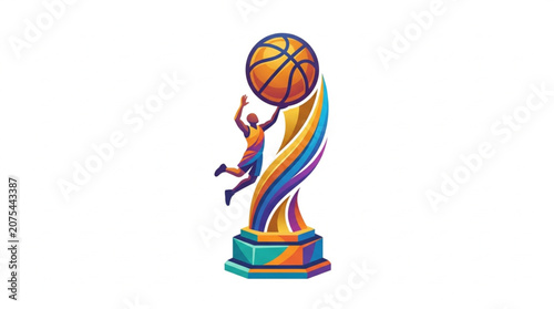 Basketball Player Trophy with Ball and Colorful Swirls.
