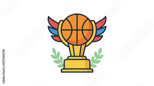 Basketball Trophy with Wings and Laurel Wreath Illustration.