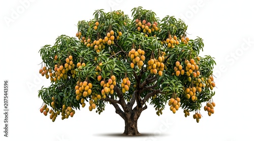 Full-grown mango tree loaded with abundant ripe yellow fruit isolated background abundance