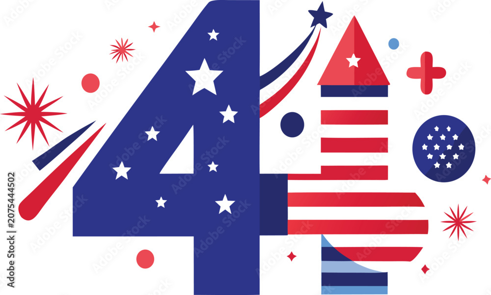 Obraz premium Independence day greeting graphic featuring large number four and fireworks