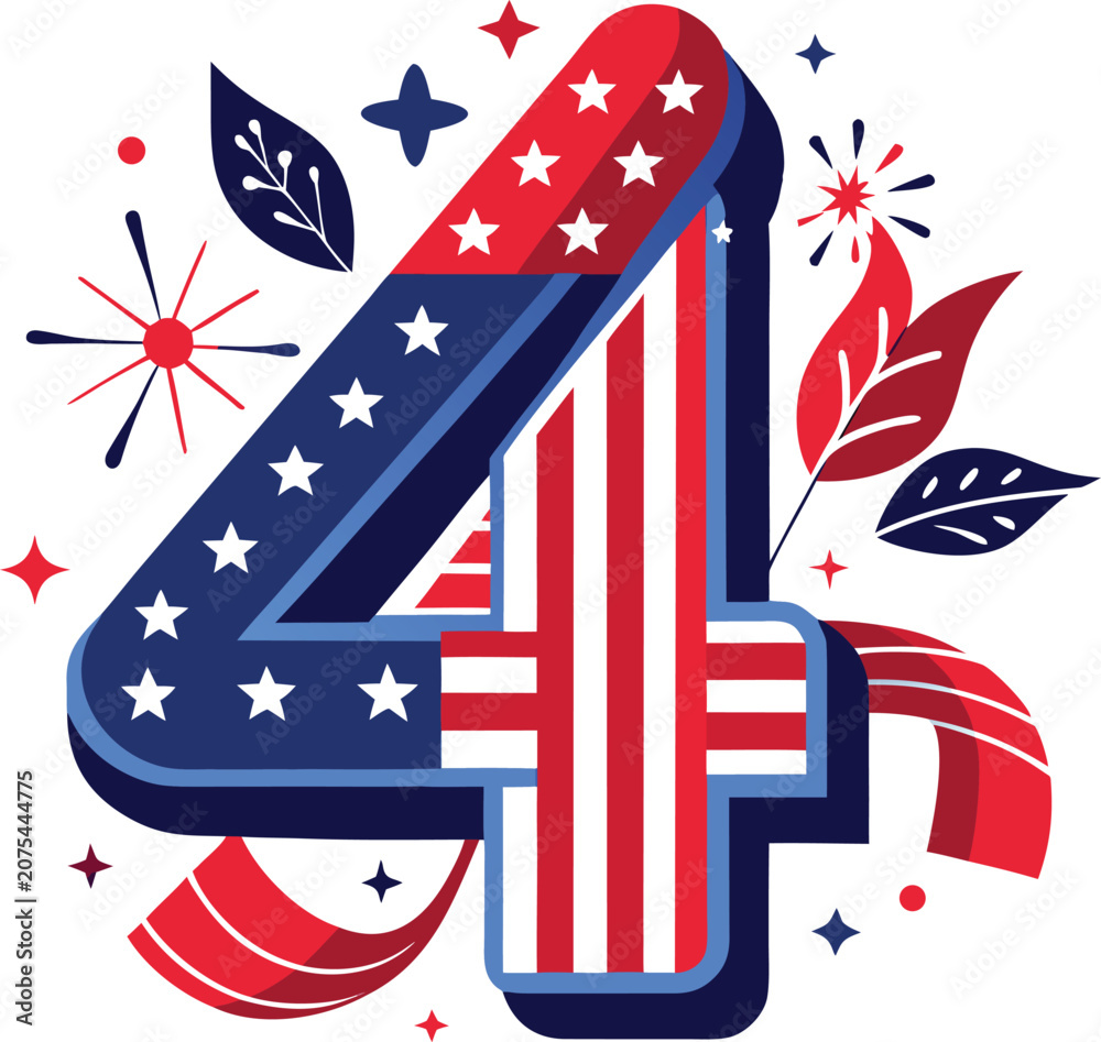 Obraz premium Fourth of july large number four with us flag colors and leaves, independence