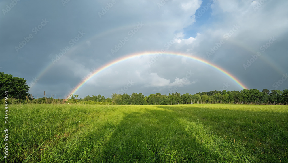 Fototapeta premium 雨上がりの草原に虹と光が広がる希望を感じる空模様