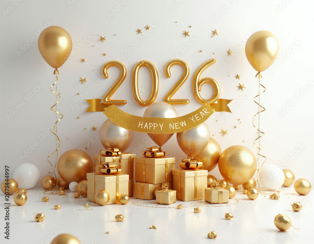 Fototapeta premium Golden balloons and gift boxes celebrate New Year 2026. Festive greeting card design elements with stars and ribbons create a luxurious holiday mood. Happy wishes for the coming year.