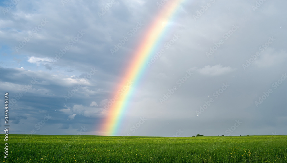 Fototapeta premium 雨上がりの草原に虹がかかる環境キャンペーン背景