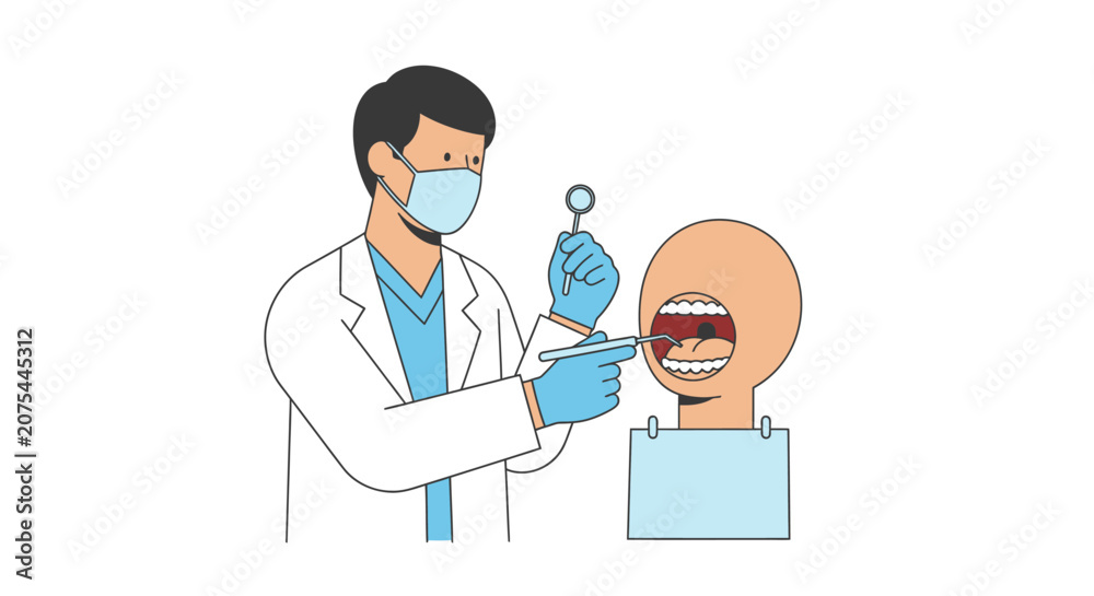 Fototapeta premium Dentist examining patient's mouth with dental tools, illustration