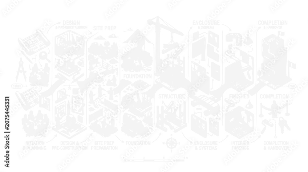 Fototapeta premium Detailed Isometric Construction Project Lifecycle Infographic Showing Building Process Stages