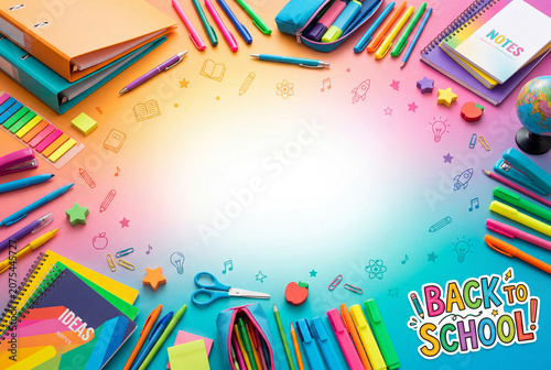 Supplies for students preparing for the new school year with colorful stationery and notebooks on a table