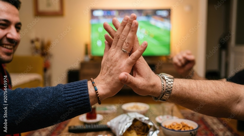 Fototapeta premium Friends high - fiving while watching football at home