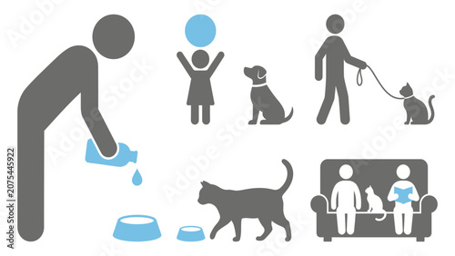 Human icons interact with pets in a set of simple flat vector illustrations.