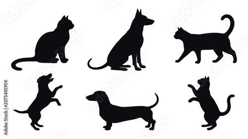 Domestic pets are shown in various postures within this collection of black animal silhouettes.
