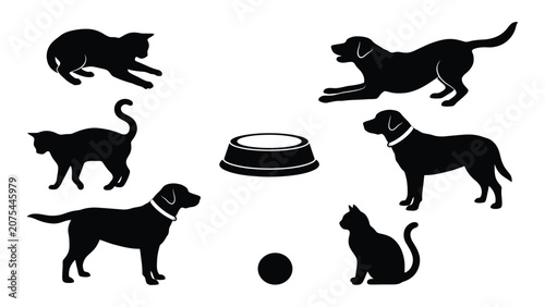 Domestic pets including dogs and cats surround a food bowl in this set of black silhouettes.