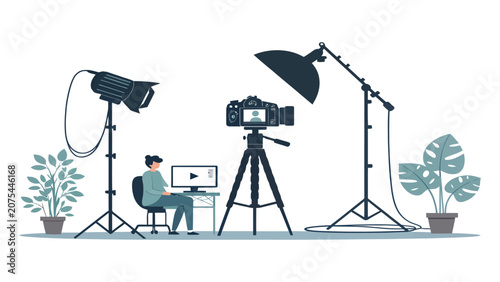 Photographer works in a modern studio environment with professional lighting equipment.