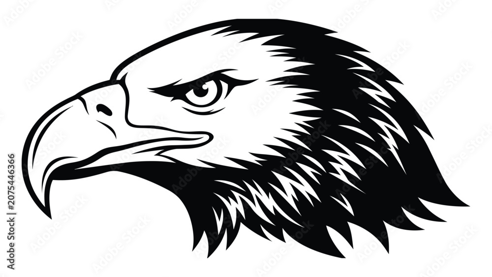 Fototapeta premium Detailed eagle head silhouette with sharp gaze isolated on a white background, perfect for sports team logos and emblems.