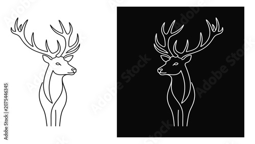 Deer head with antlers is depicted in a clean line art style.