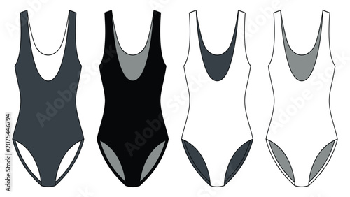 Swimsuits are displayed in a variety of color variations for fashion design.
