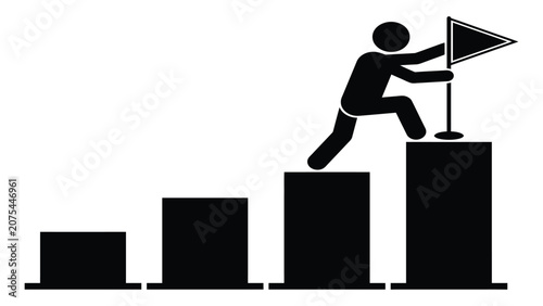 Businessman plants a flag on top of a bar chart to symbolize reaching a major goal.