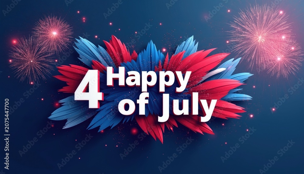 Fototapeta premium Happy 4th of July text with abstract patriotic shapes and fireworks. Red white blue elements celebrate American Independence Day. Festive design with explosion lights and sparkle.