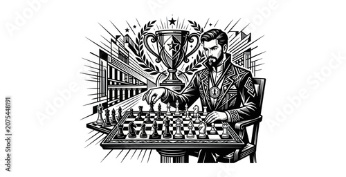 Photography Chess Grandmaster Vector Illustration with Trophy