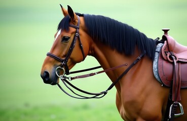 Brown horse with black mane wears bridle and saddle. Equine subject stands on green grass field outdoor. Close up animal portrait focused on head and neck.
