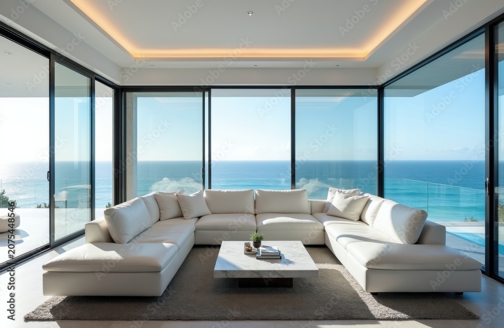 Fototapeta premium Spacious modern living room with white sectional sofa, panoramic ocean view through floor-to-ceiling windows. Minimalist decor with marble coffee table, soft rug, recessed lighting creates calm