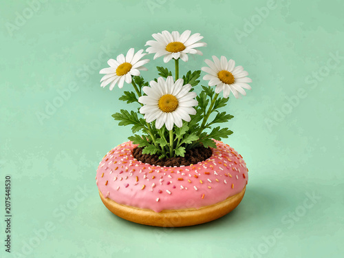 Daisy growing from pink frosted donut