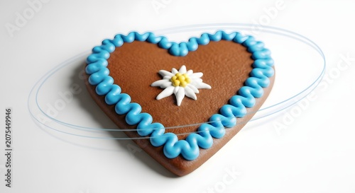 Heart shaped gingerbread cookie with blue frosting and daisy