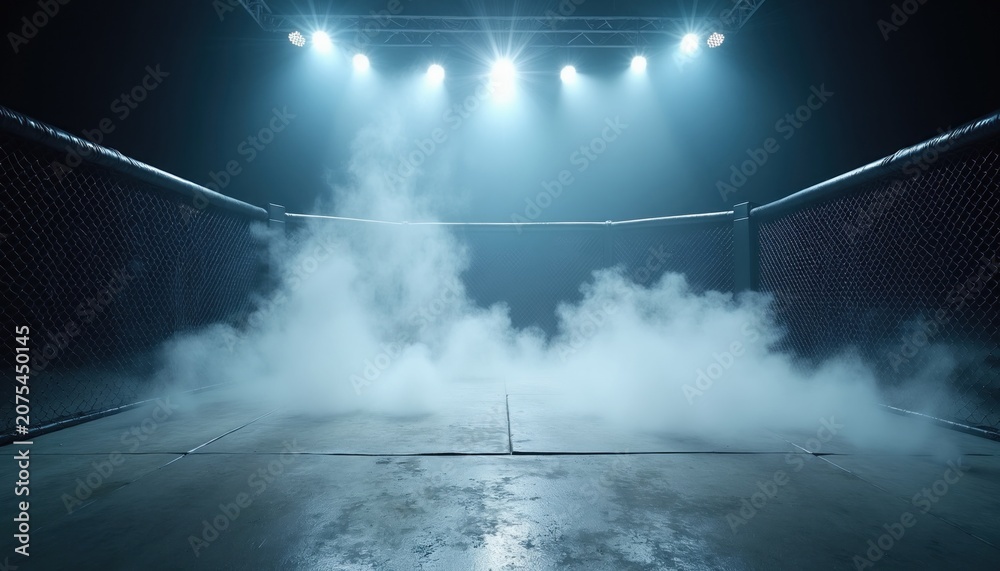 Fototapeta premium Empty MMA fighting cage arena with dramatic spotlight and fog effect. Stage prepared for battle. Intense atmosphere on floor. Combat sport preparation for fight.