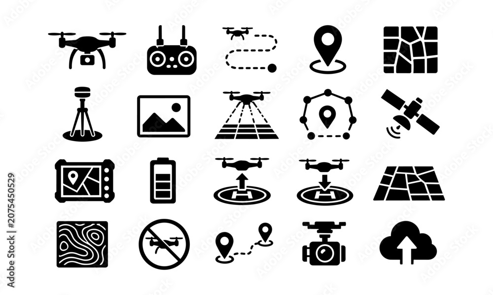 Fototapeta premium Drone mapping, photography and flight control icon set