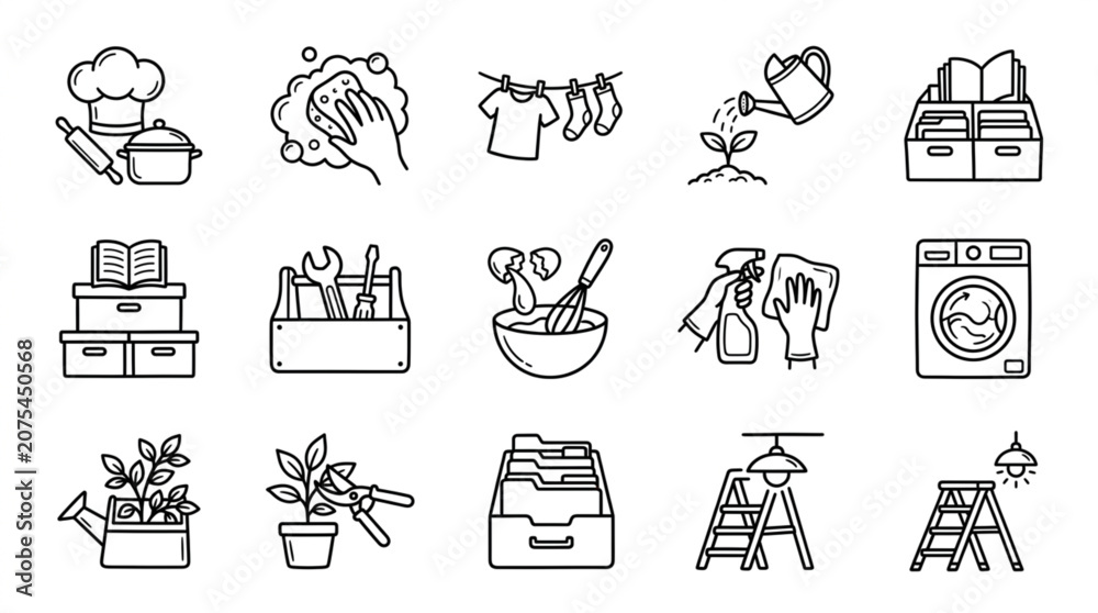 Fototapeta premium Collection of hand-drawn icons representing household chores and activities.