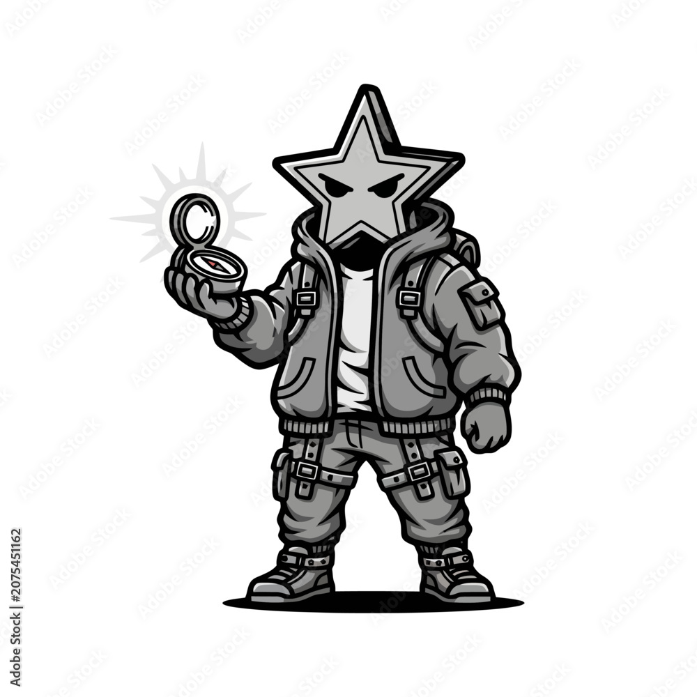 Obraz premium Star-headed character in jacket holding a shining compass, black and white illustration.