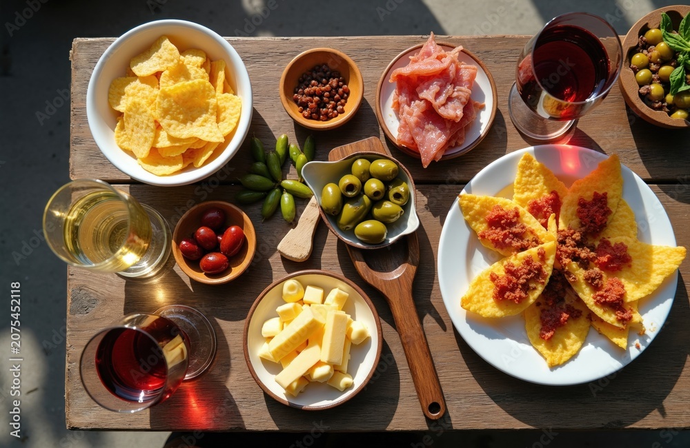Obraz premium Table top view of assorted tapas dishes and wine glasses. Olives, cheese, cured meat, and chips served with red and white wine. Outdoor cafe setting with wooden table.