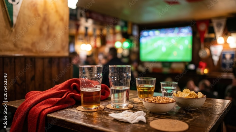 Fototapeta premium Pub table with drinks and snacks during football match on TV
